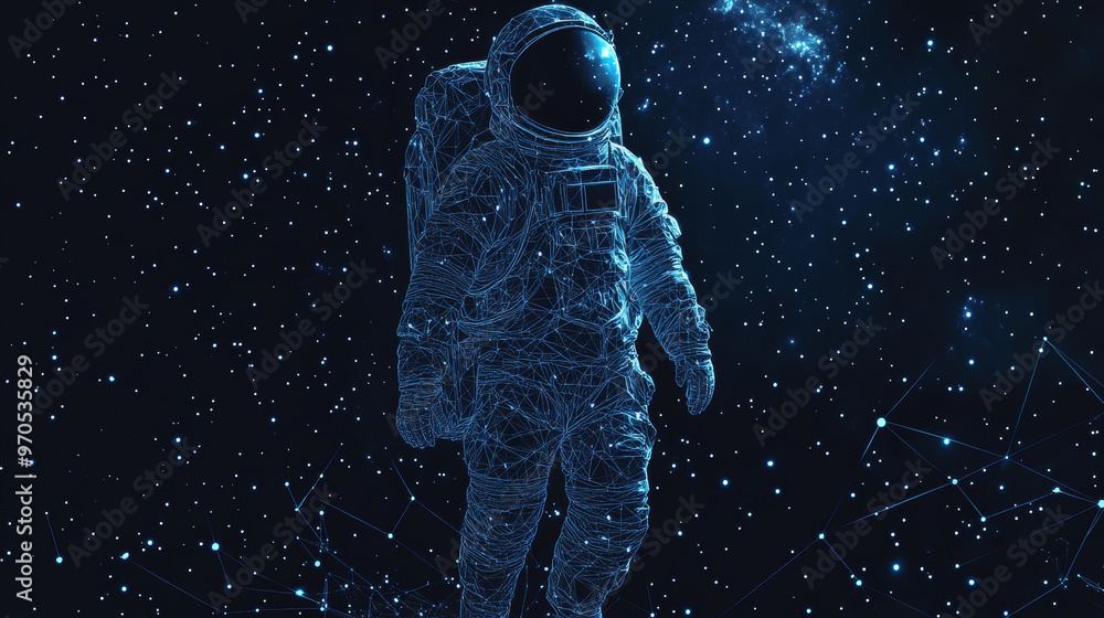 Poster a simple, artistic picture of an astronaut made from dots,lines,and shapes that look like planets,st