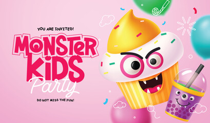 Monster party kids vector design. Birthday invitation card with naughty cup cake and happy juice characters elements in pink background. Vector illustration party greeting card design.   © Zeinous
