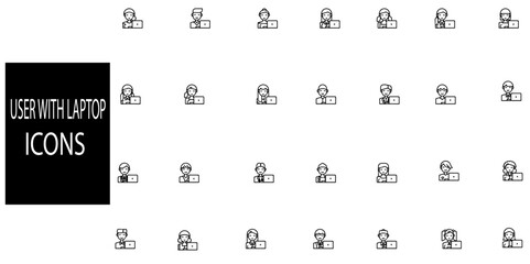 User with laptop simple concept 28 icons set.User working on laptop vector line icon, linear concept, outline sign, symbol.Vector illustration.