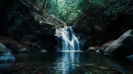 Serene waterfall cascading into a tranquil pool in a lush forest setting. Perfect for nature, outdoors, and tranquility themes.