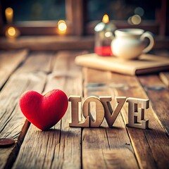 Love is on a wooden table with a heart shaped word in the middle