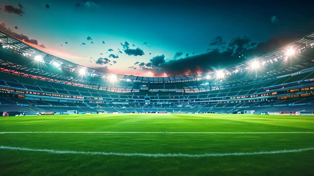 A panoramic view of an empty sports arena at dusk, with a blue sky and green grass field, A panoramic view of a sports arena at dusk, with the lights shining brightly against the darkening sky