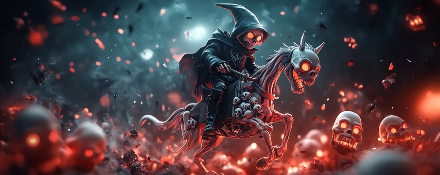 Spooky ghost rider on a skeletal horse amidst glowing skulls and dark mist, evoking a chilling Halloween night scene.