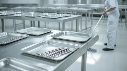 Prison cafeteria during cleaning time, empty trays and metal utensils scattered on tables, janitor mopping the floor, industrial atmosphere prison cafeteria, maintenance