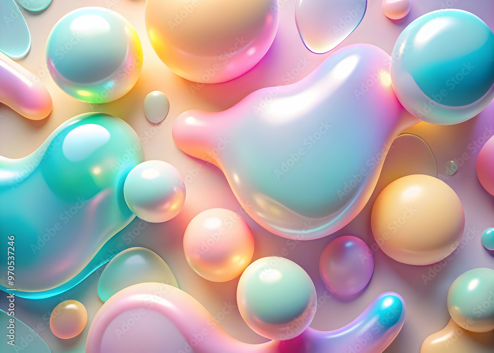 Poster dreamy pastel flow: iridescent, morphing blobs in a dreamy pastel palette. a mesmerizing abstract 3d