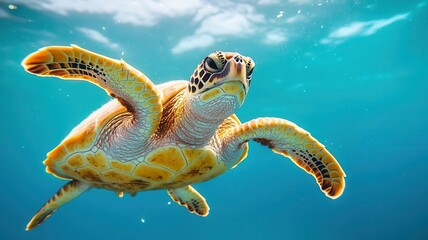 Obraz premium Sea turtle swimming through microplastic particles suspended in water, Microplastics, marine pollution, wildlife impact