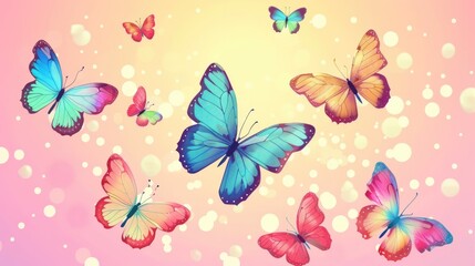 Group of adorable cartoon colorful butterflies flying together. Whimsical background for greeting cards and wallpapers. Playful and fun design concept.