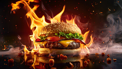 Delicious spicy fried chicken burger ads with burning fire on dark background.