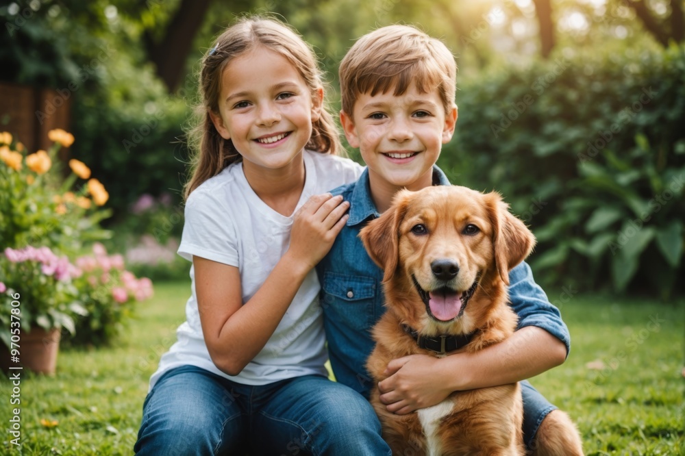 Wall mural family, portrait and dog in garden with smile or relax together, home with love and care