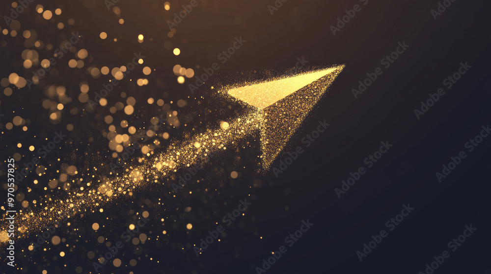 Poster a simple, geometric arrow pointing upward with a shimmery gold dust effect. the arrow is made of tin