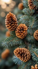 Fototapeta premium Pine cones hanging from a pine tree branch