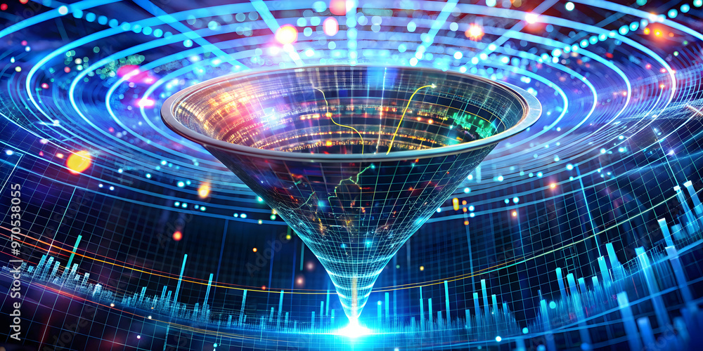 Poster data funnel: a mesmerizing digital funnel visualizes the flow of information, data, and insights, sy