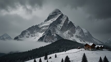 Snowy Mountain Landscape with Cabin