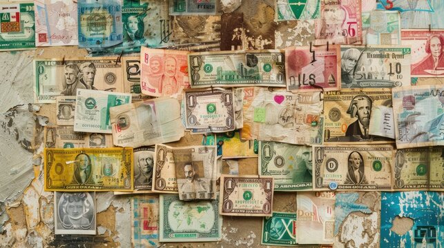 A collage of vintage world currency notes attached to a textured wall, showcasing a diverse collection of international paper money with historical significance.