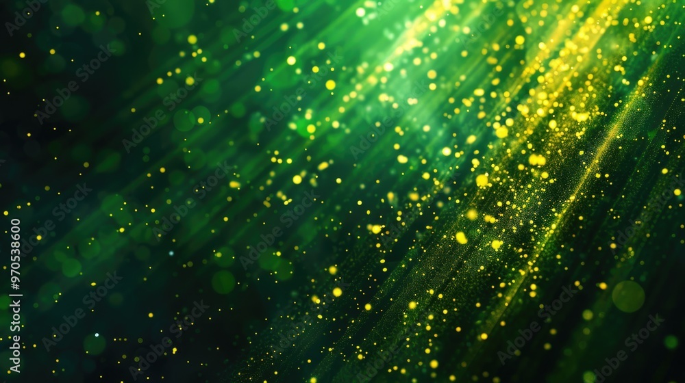 Poster abstract green and yellow light rays bursting asymmetrically on a dark background with shimmering go