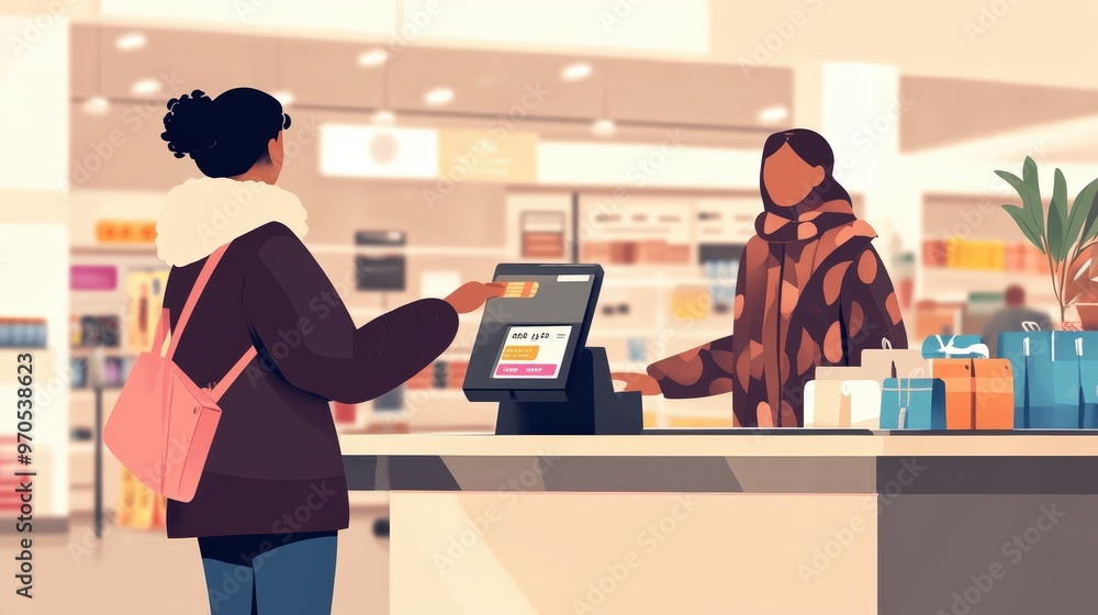 Poster visual showing a person using a credit card at a retail store checkout.