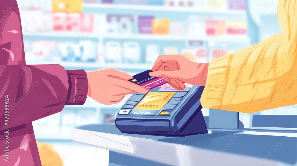 Poster visual showing a person using a credit card at a retail store checkout.