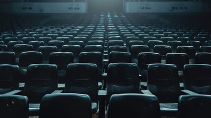 Obraz premium Empty black theater seats in an indoor stage auditorium, conveying drama and performance.