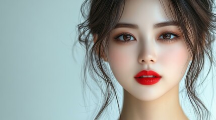 Fototapeta premium 빨간 입술과 메이크업을 한 여성의 클로즈업 초상화