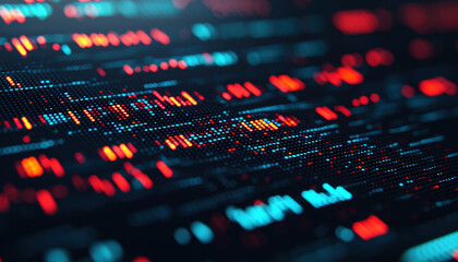 Fototapeta premium Stock market charts and robot algorithm codes floating in a digital environment, codedriven trading, AI generating financial insights