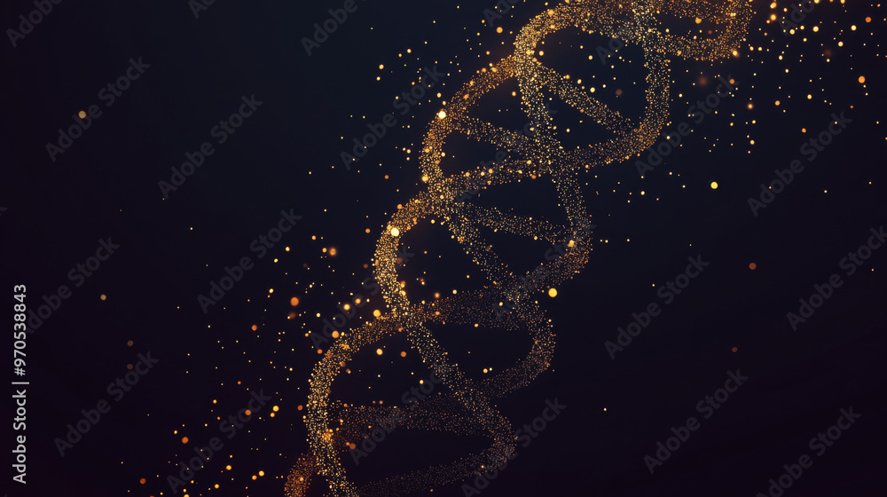 Poster a simple, geometric image of dna with a sparkly golden dust effect. the image is made of dots and li