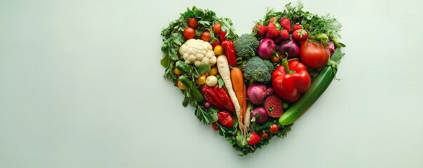 Vegetables laid out in the shape of a heart isolated on a light background. Vegetarianism, veganism. Healthy eating. Laying out the harvest