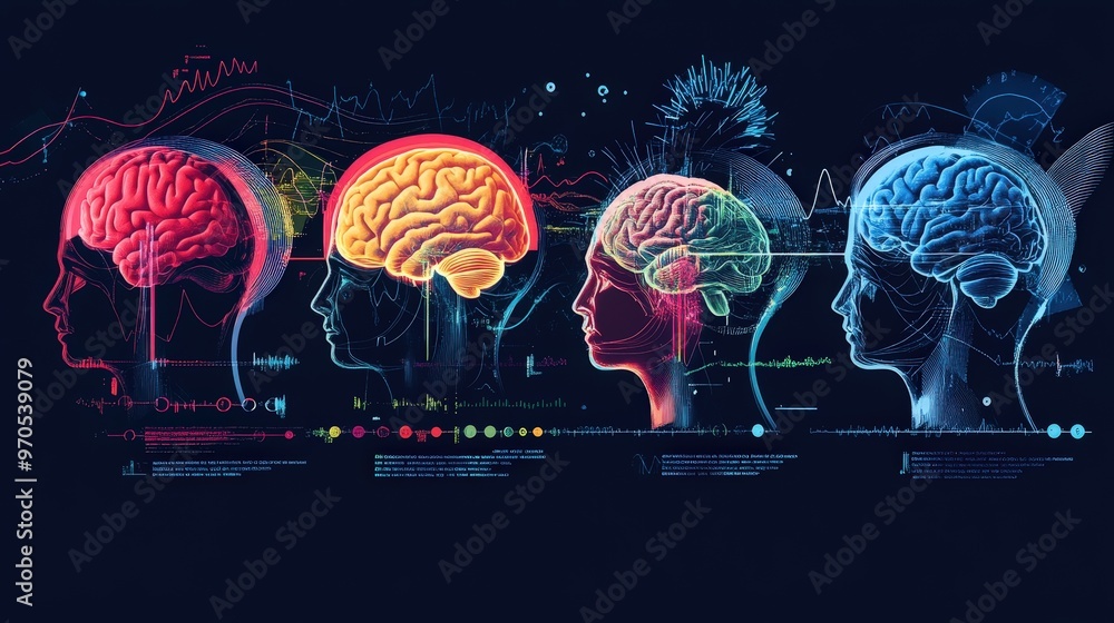 Poster visually captivating chart of brain wave patterns, featuring different types of brain waves in a rad