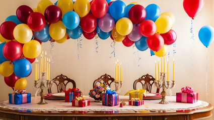 Birthday decoration. Colorful candy, sweets and balloons ai generative..