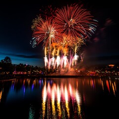 Fototapeta premium Vibrant fireworks display reflects on water at night, creating a spectacular, festive atmosphere with colorful bursts lighting up the sky.