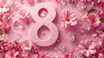 Women's day celebration background, 8 march, number eight on pink decorated, horizontal copy space