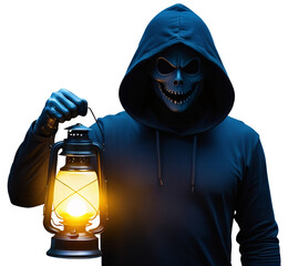 Mysterious Hooded Figure Holding Lantern &ndash; Spooky Halloween Themed Image on Transparent Background