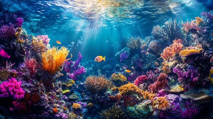 Vibrant underwater coral reef scene with diverse marine life, colorful corals, and fish, illuminated by sunlight from above.