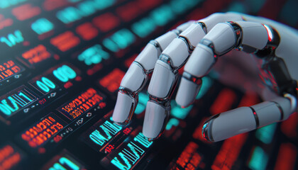 A robotic hand executing a trade through a digital console in a futuristic financial market, automation, AI trading execution