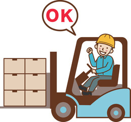 フォークリフトで荷物を運び、OKポーズをする男性作業員。