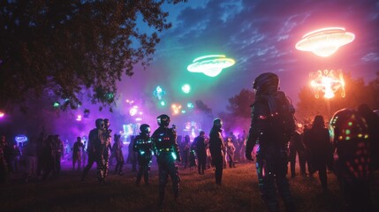 People in futuristic costumes gather under glowing UFOs in a field