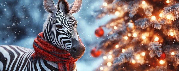 Zebra with red scarf standing in front of a decorated Christmas tree with glowing lights and ornaments in a snowy winter setting.