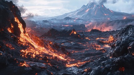 image depicting the aftermath of a volcanic eruption, with hardened lava flows and ash-covered terrain.