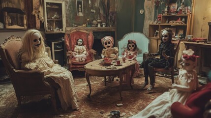 A Gathering of Porcelain Dolls in a Haunted Victorian Home