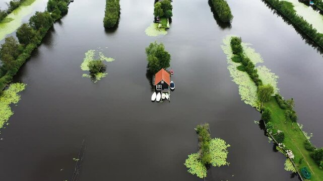 Scheendijk Floating Hamlet In The Dutch Province Of Utrecht In Netherlands. Aerial Tilt-up Shot