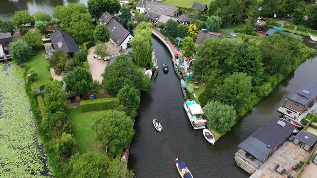 Sailboats At Scheendijk Canals In The Dutch Province Of Utrecht, Netherlands. Aerial Drone Shot