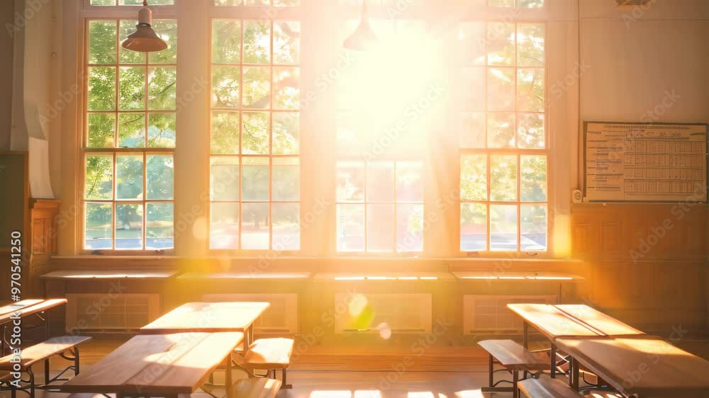 Aufkleber an empty classroom with sunlight streaming through large windows, a peaceful classroom with sunlight
