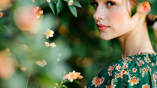 Young woman in floral dress among blossoming tree branches, portrait of serene beauty surrounded by delicate white flowers, spring fashion and nature harmony