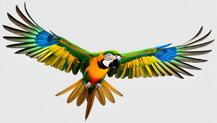 Colorful Harlequin macaw parrot flying on green nature background ai generative..