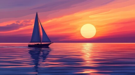 image of a sunset with a calm ocean and sailboat.