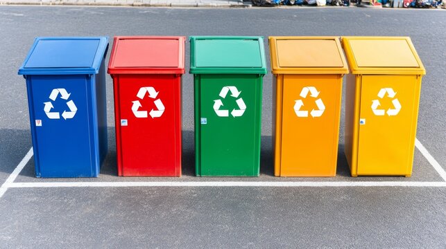 Cinco contenedores de reciclaje de colores alineados en una zona urbana, promoviendo la separaci&oacute;n adecuada de residuos.