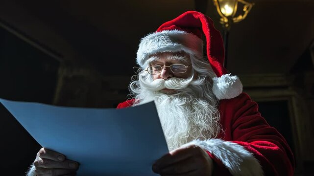 Santa Claus reading letter in dark room, Christmas magic and mystery as Father Christmas checks wish list, festive tradition captured in atmospheric low light