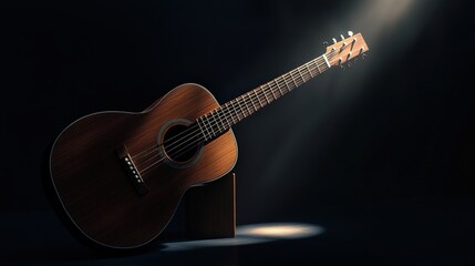 Fototapeta premium image of an acoustic guitar with a spotlight on it, set against a dark, dramatic background