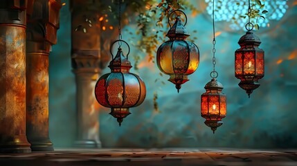 Vector illustration of Eid e Milad Un Nabii Backgorund with hanging light and moon in the background