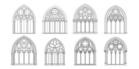 Gothic windows outline. Black linear drawing of classic architectural decorative frame isolated on white.