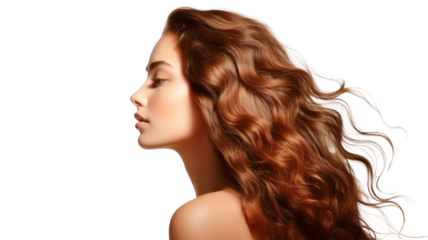Beauty model girl with curly redhead hairstyle on transparent background PNG. Advertising, marketing and model with cosmetic health and space.

